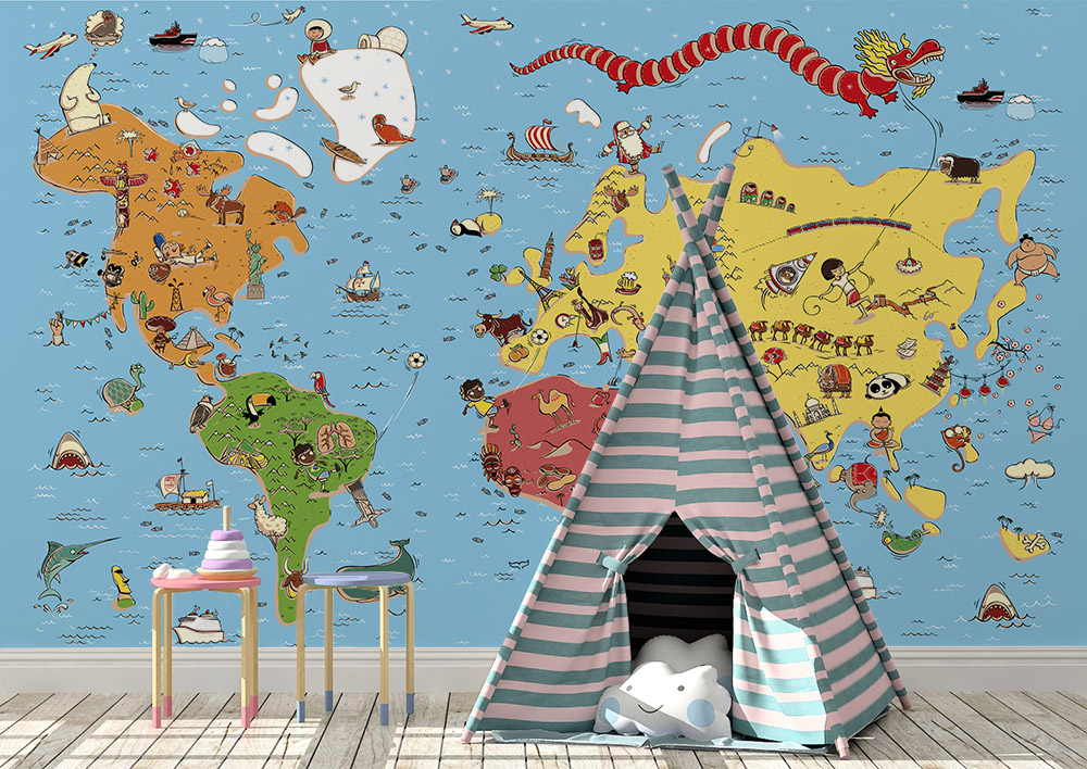 Toile adhésive repositionnable éco-conçue et recyclable : Enfants Map Cartoon