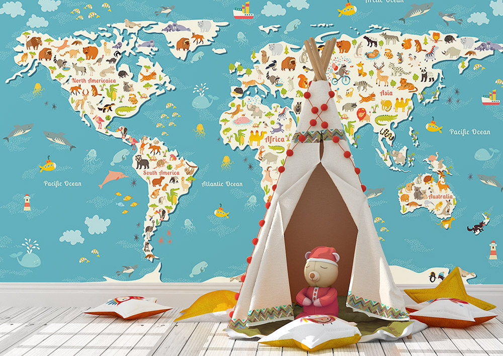 Toile adhésive repositionnable éco-conçue et recyclable : Enfants Map animaux