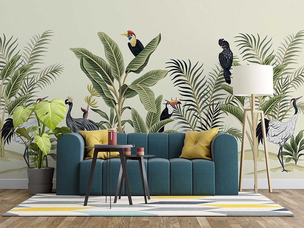 Visuel avec des oiseaux sur des plantes Toile adhésive